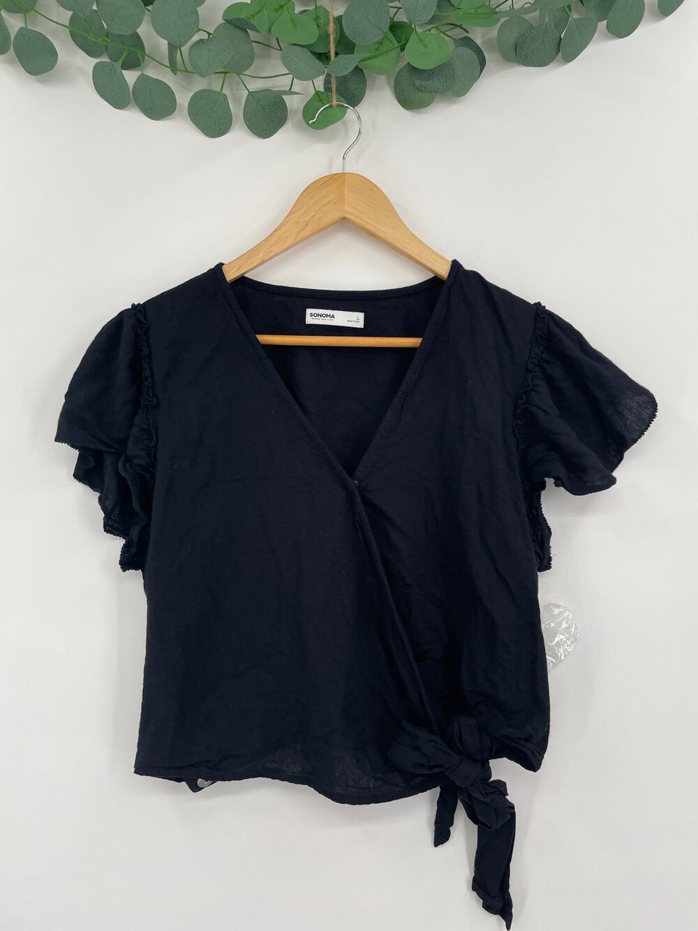 Black Casual Chic Wrap Womans Side Tie Top Flutter Sleeve Large
